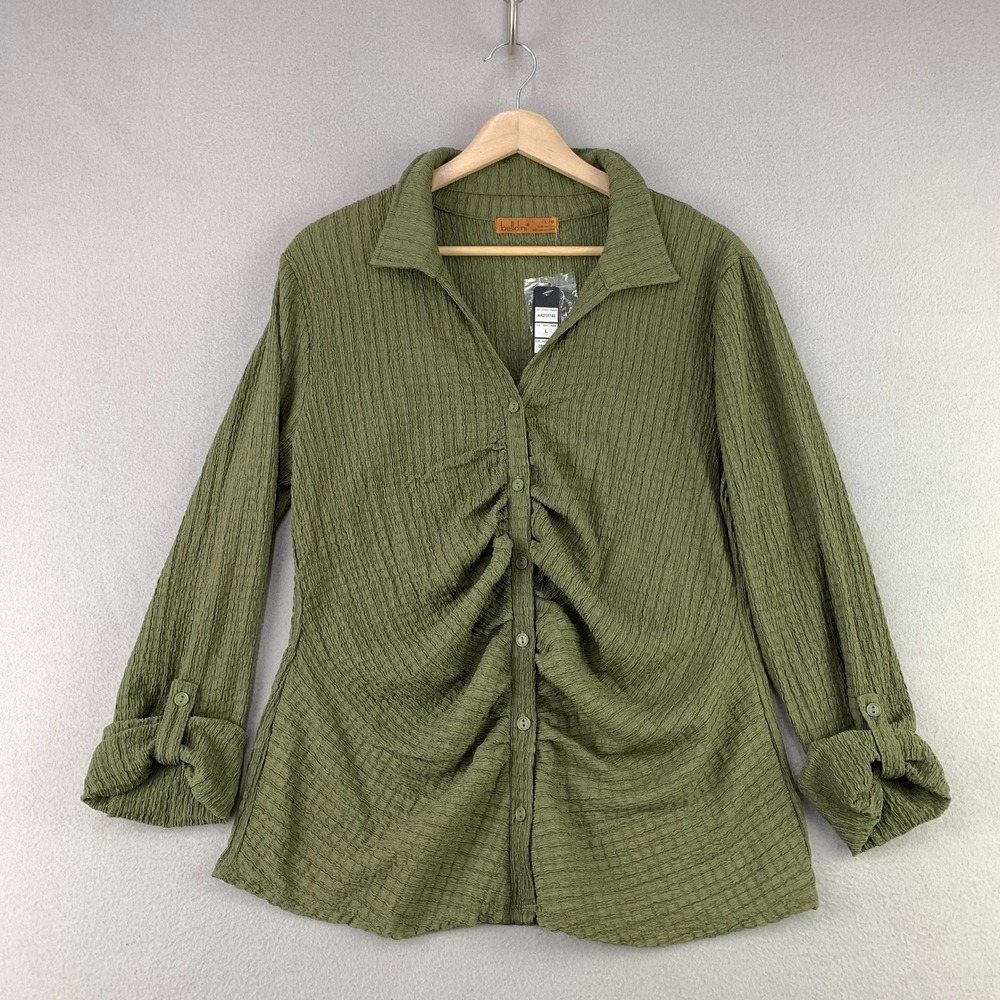Belldini Button Up Shirt Blouse Women L Green Ruched Textured Top NWT